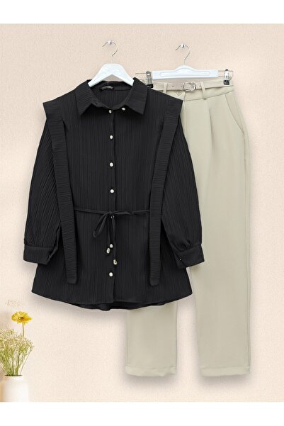 Modamorfo Pearl Buttoned Crinkle Shirt with Tied Shoulders and Waist - Black