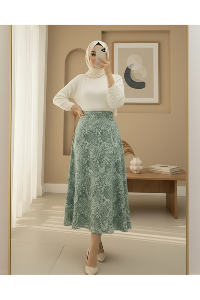 Modamorfo Elastic Waist Ethnic Pattern Flared Skirt - Green