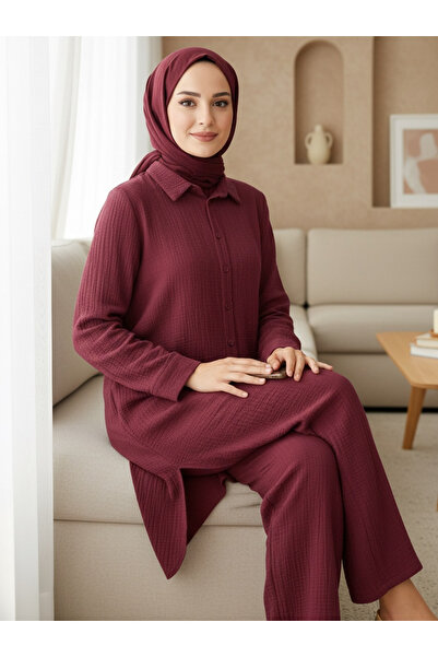 Modamorfo Buttoned Long Trousers Crinkle Suit - Burgundy