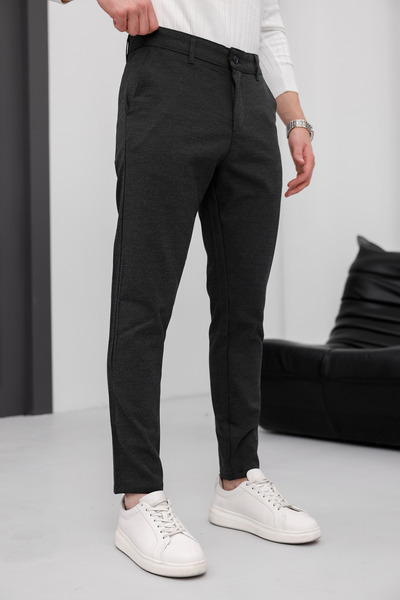 MODAMESTO Ανδρικό παντελόνι εφαρμοστό ανθρακί ελαστικό ύφασμα λινό