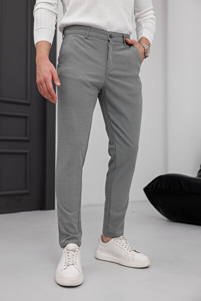 MODAMESTO Ανδρικό εφαρμοστό Σκούρο Γκρι ελαστικό ύφασμα Λινό Παντελόνι
