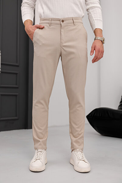 MODAMESTO Ανδρικό εφαρμοστό Μπεζ ελαστικό ύφασμα Λινό Παντελόνι