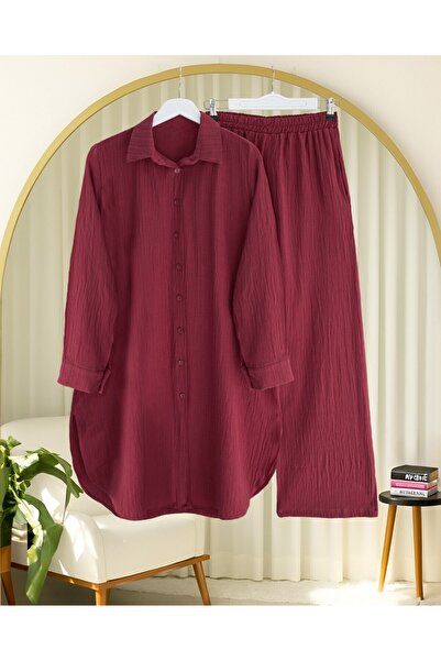 Modamorfo Buttoned Long Trousers Crinkle Suit - Burgundy