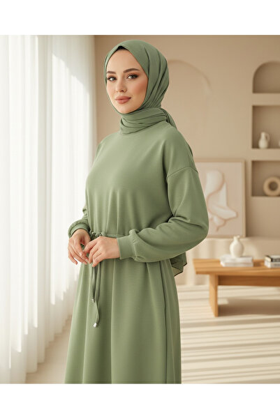 Modamorfo Round Neck Belted Long Combed Cotton Dress -Çağla Y.