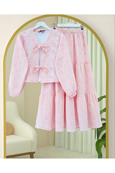 Modamorfo Muslin Set with Lace-Up Front and Embroidery Detail Skirt - Powder