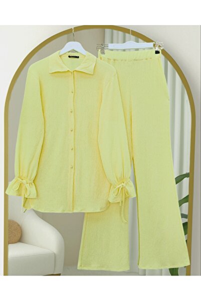 Modamorfo Top Buttoned Sleeve Lace-Up Crinkle Suit - Light Yellow
