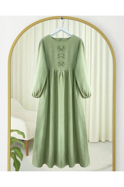 Modamorfo Muslin Dress with Bow Detail on the Front and Elastic Sleeves - Çağla Y.