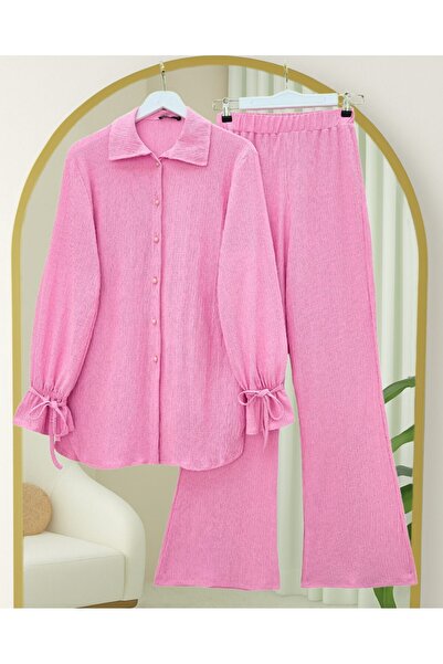 Modamorfo Top Buttoned Sleeve Lace-Up Crinkle Suit -Pink