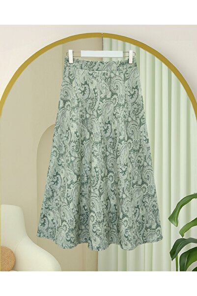 Modamorfo Elastic Waist Ethnic Pattern Flared Skirt - Green