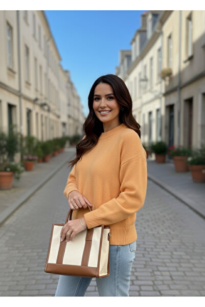 K-ODEA BUTİK Pulover de tricotat ORANGE supradimensionat pentru femei - Textura moale guler rotund