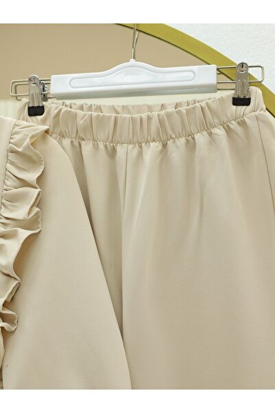 Modamorfo Kimono Suit with Ruffled Front, Lace-Up Skirt and Layered Trousers - Cream