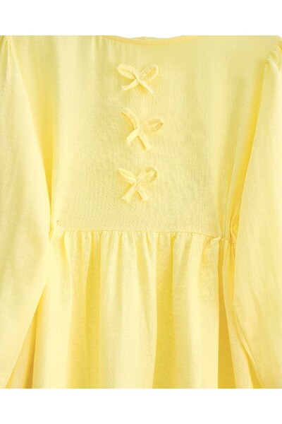 Modamorfo Muslin Dress with Bow Detail on the Front and Elastic Sleeves - Yellow