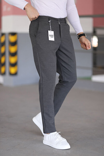 DOPPİO'N DENİM Pánské antracitové kalhoty Slim Fit pružné lněné lycrové kalhoty