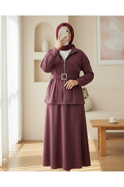 Modamorfo Combed Cotton Suit with Folded Waist, Front Zipper and Belted Skirt - Plum