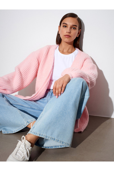 Dilvin 60991 Soft Textured Flowy Knit Cardigan-Pink