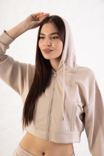YusGos Women's Long Sleeve Zippered Modal Fabric Pocketed Hooded Crop Beige L