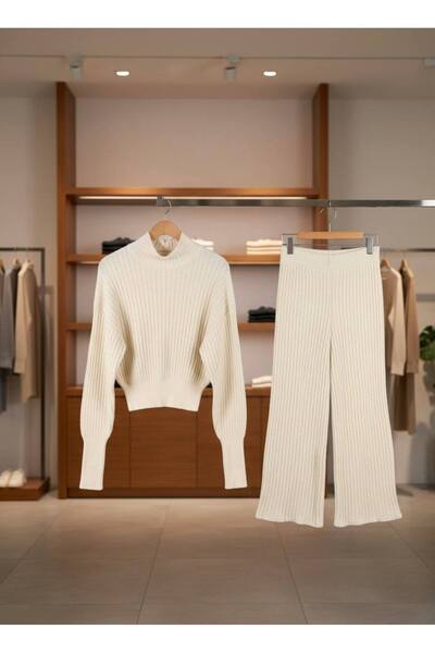 YusGos Women's Half Fisherman Knit Crop Sweater Pants Knitwear Top and Bottom Set Cream m