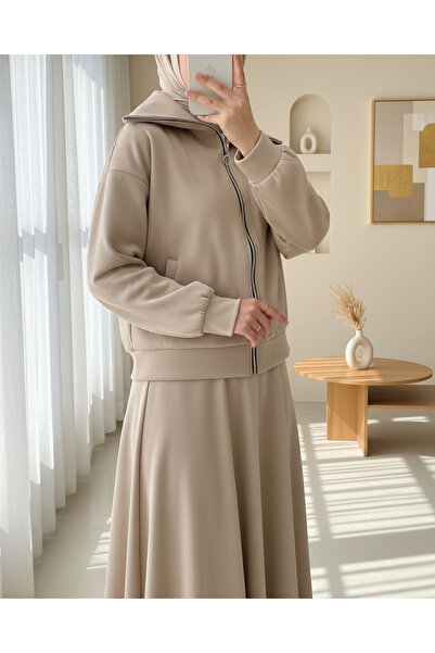 Modamorfo Front Zippered High Neck Stone Detailed Scuba Suit - Beige