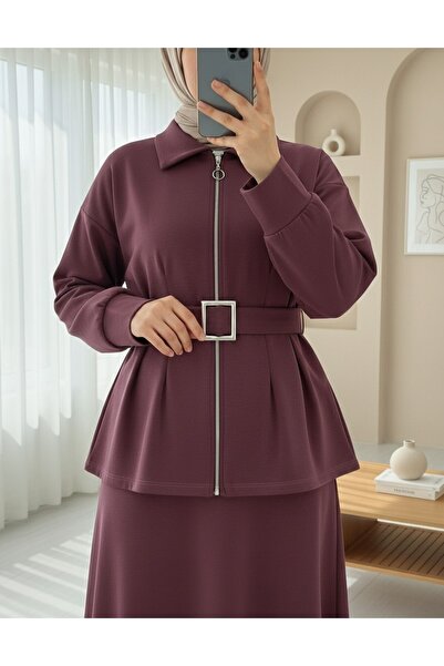 Modamorfo Combed Cotton Suit with Folded Waist, Front Zipper and Belted Skirt - Plum