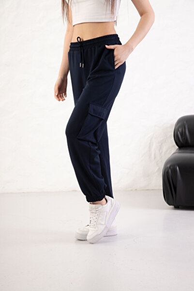 YusGos Women's Soft Textured Modal Fabric Pocket Detailed Elastic Leg Cargo Pants Navy Blue