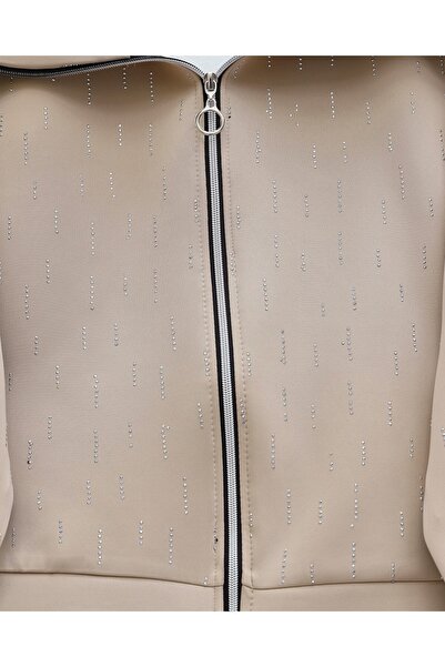 Modamorfo Front Zippered High Neck Stone Detailed Scuba Suit - Beige