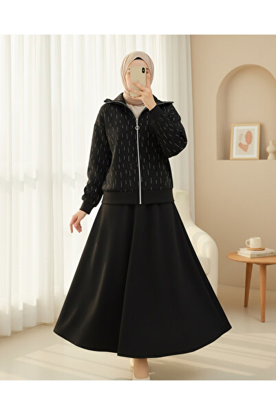 Modamorfo Front Zippered High Neck Stone Detailed Scuba Suit - Black