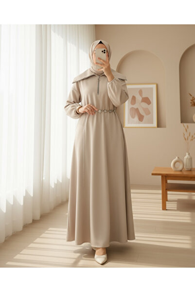 Modamorfo High-Necked Half-Zippered Gathered Waist Belted Scuba Dress - Beige