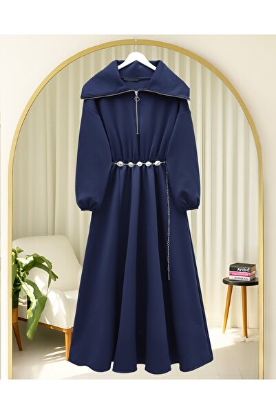 Modamorfo High-Necked Half-Zippered Gathered Waist Belted Scuba Dress - Navy