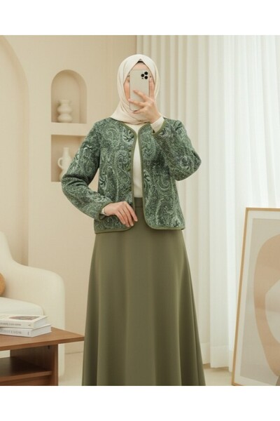 Modamorfo Ethnic Patterned Ball Button Scuba Suit - Khaki