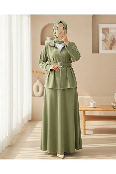 Modamorfo Combed Cotton Suit with Folded Waist, Front Zipper, and Belted Skirt - Çağla Y.