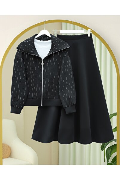 Modamorfo Front Zippered High Neck Stone Detailed Scuba Suit - Black