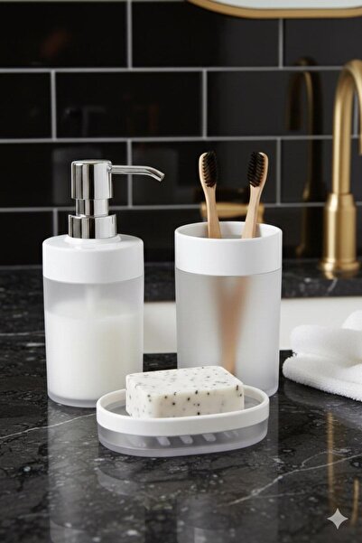 Kırmızı Beyaz Home 3 Parça Beyaz Banyo Seti | Krom Görünümlü Plastik Başlıklı...