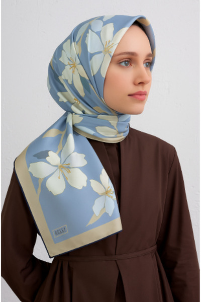 Belli Tivil Pure Silk Scarf 4100 - 55 Ανοιχτό μπλε μοτίβο λουλουδιών