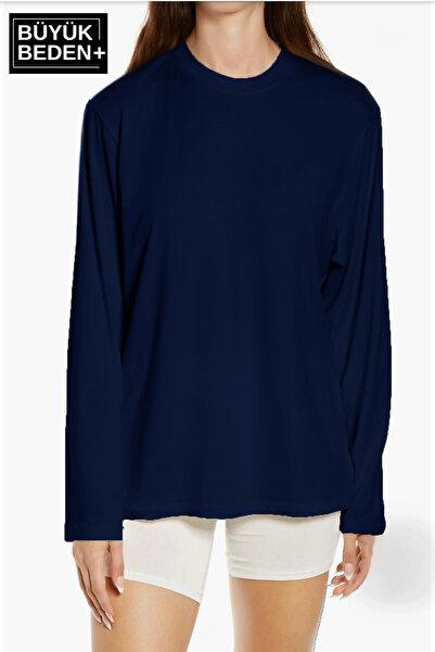 Superlife Women's Plus Size Long Sleeve 2 Thread Crew Neck T-Shirt