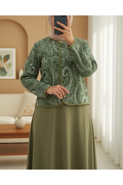 Modamorfo Ethnic Patterned Ball Button Scuba Suit - Khaki