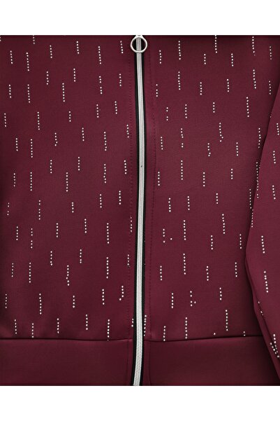 Modamorfo Zippered Front High Neck Stone Detailed Scuba Suit - Burgundy