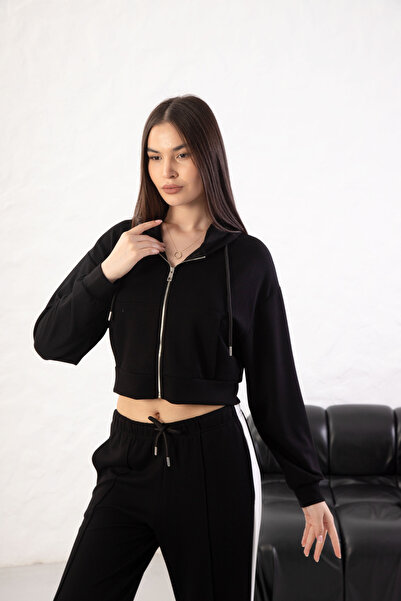 YusGos Women's Long Sleeve Zippered Modal Fabric Pocketed Hooded Crop Black