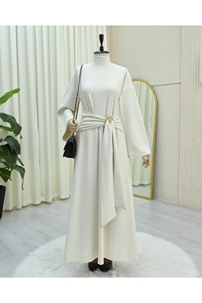 Modamorfo ψηλός λαιμός Μακρύ φόρεμα Σελανίκης με κορδόνια με κούμπωμα - Κρεμ