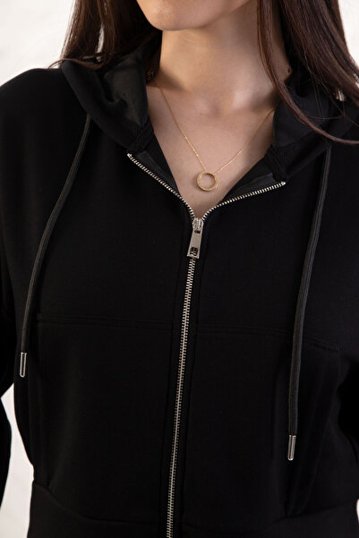 YusGos Women's Long Sleeve Zippered Modal Fabric Pocketed Hooded Crop Black