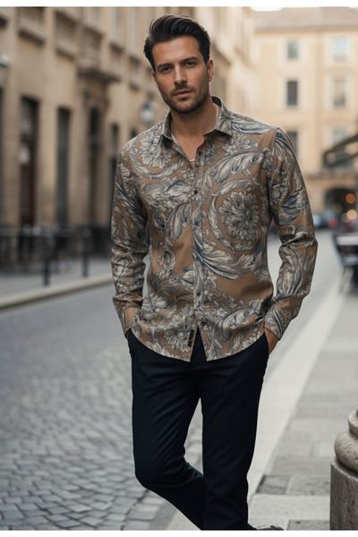 YusGos Long Sleeve Cotton Easy-Iron Shawl Pattern Regular Fit Premium Men's Shirt Brown L