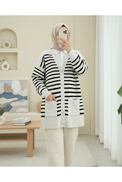Modamorfo Double Pocket Striped Knitwear Cardigan -Stone
