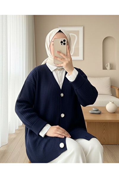 Modamorfo Buttoned Ribbed Knitwear Cardigan -Navy