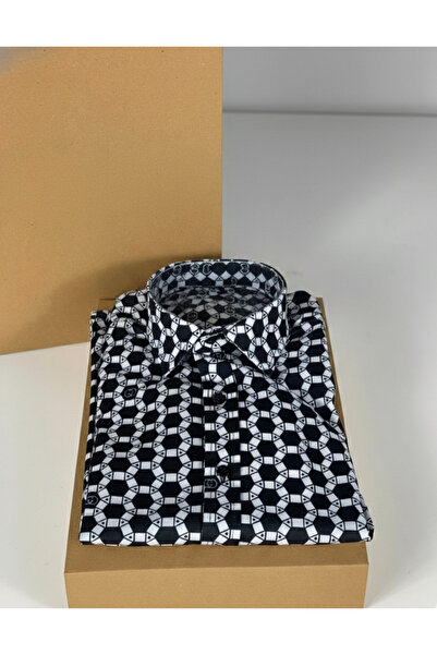 YusGos Long Sleeve Cotton Easy Iron Geometric Pattern Regular Fit Premium Men's Shirt Black m