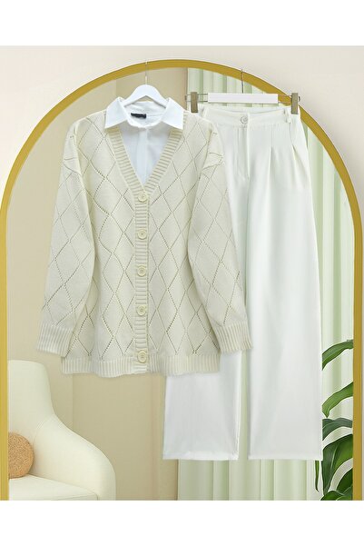 Modamorfo Lace-Like Knit Diamond Patterned Knitwear Cardigan - Cream