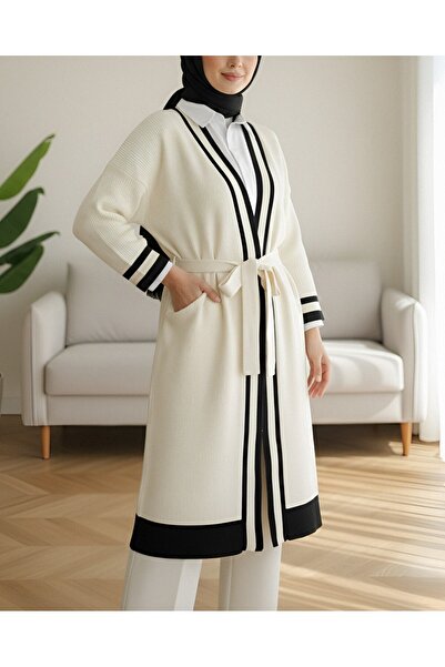 Modamorfo Yakası Ve Kol Manşeti Şeritli Triko Hırka -Siyah