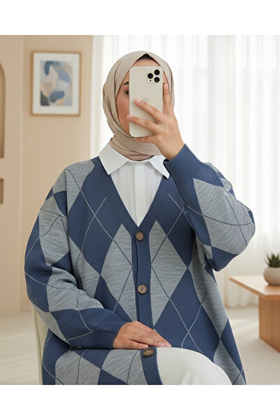 Modamorfo Buttoned Front Diamond Pattern Casual Knit Cardigan - Indigo