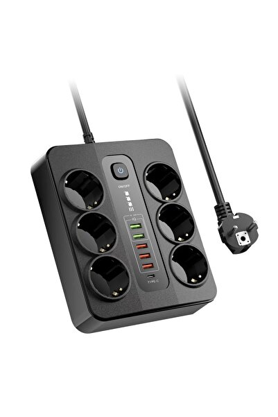 Yellowtech Termal Akım Korumalı 3000W 6’lı Priz – 2m Kablo – 5 USB + 1 Type-C PD Hızlı Şarj Beyaz