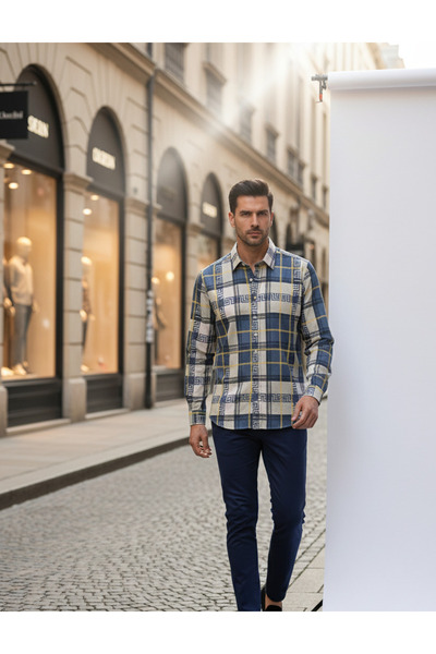 YusGos Long Sleeve Cotton Easy-Iron Retro Pattern Regular Fit Premium Personality Men's Shirt Cream m