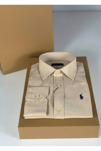 YusGos Long Sleeve Cotton Easy Iron Flannel Regular Fit Premium Men's Shirt Cream L