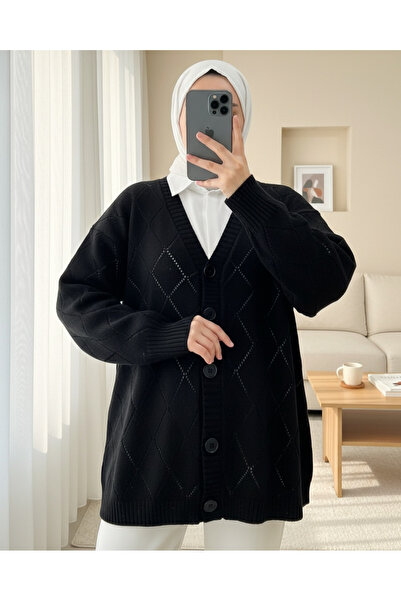 Modamorfo Lace-Like Knit Diamond Patterned Knitwear Cardigan -Black